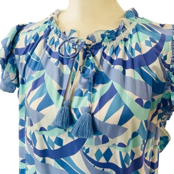 Sail To Sable Size XXL Poppy Ruffle Neck Tiered Dress Blue Multi NWT $268 - Picture 5 of 13